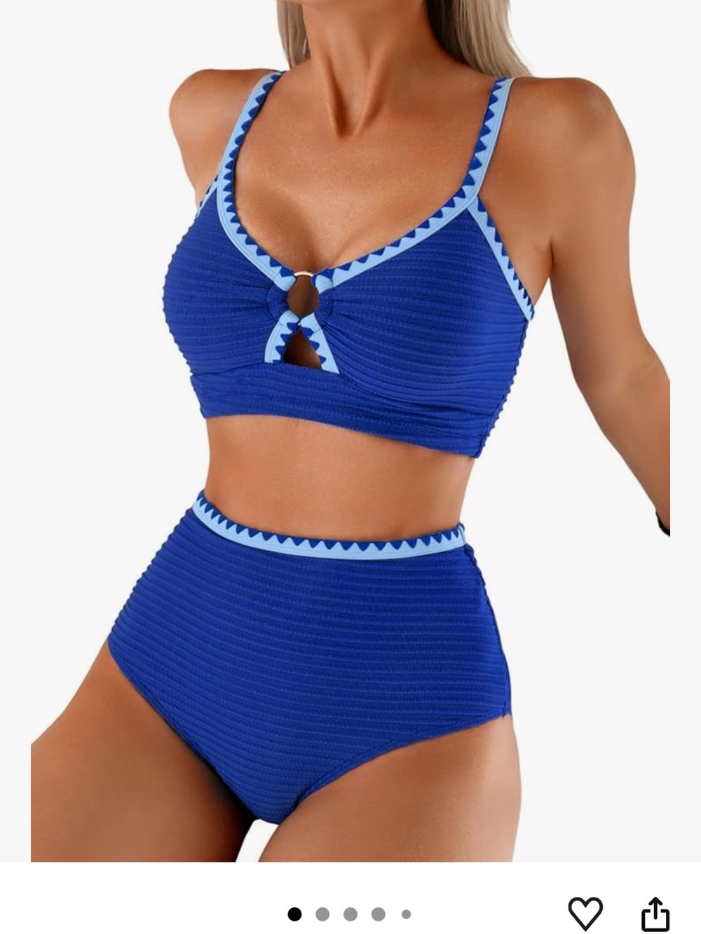 Royal Blue High-Waist Textured Bikini Set with Contrast Trim